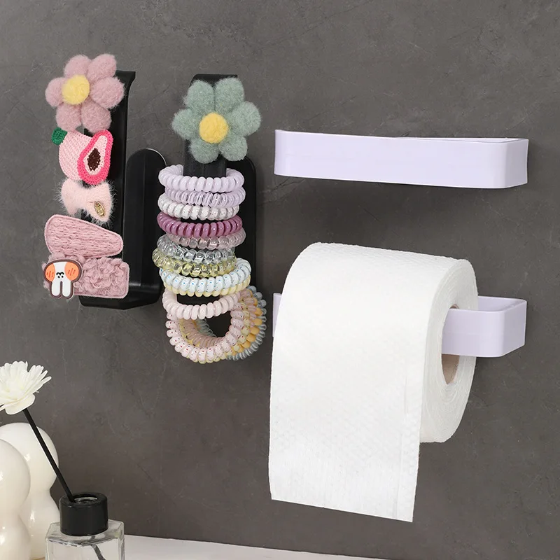 No Drill Self-adhesive Toilet Roll Holder Black Wall Mounted Bathroom Tissue Holder Kitchen Paper Towel Storage Rack