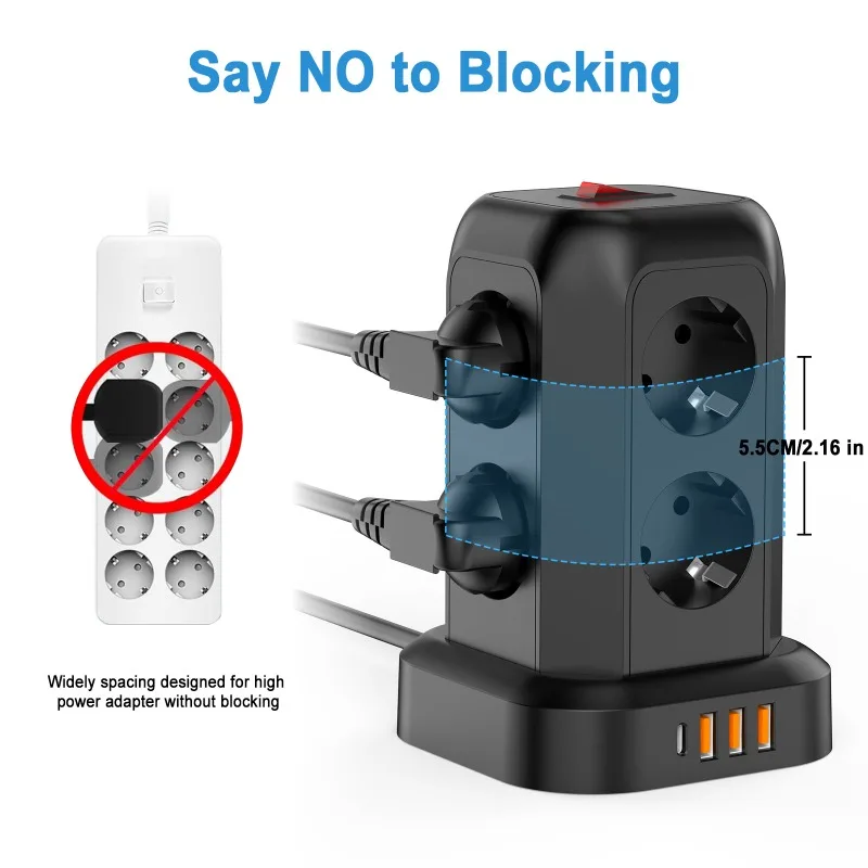 EU Standard Tower Vertical German Schuko Power Strip with Type C CE LVD Certified for Europe Russia European Outlet Extension