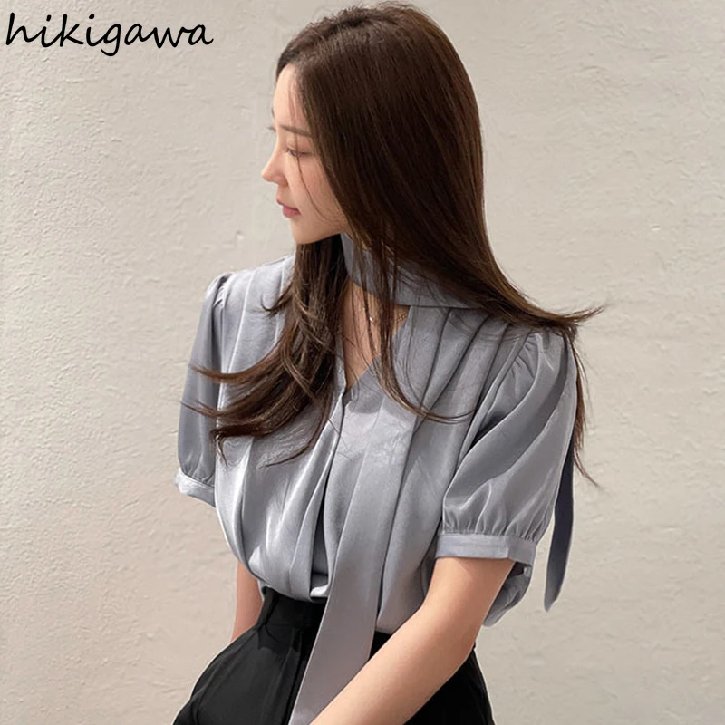 Korean Chic Blouses for Women V-neck Puff Sleeve Solid Color Shirts 2024 Blusas Mujer De Moda Vintage Summer Elegant Blouse Tops