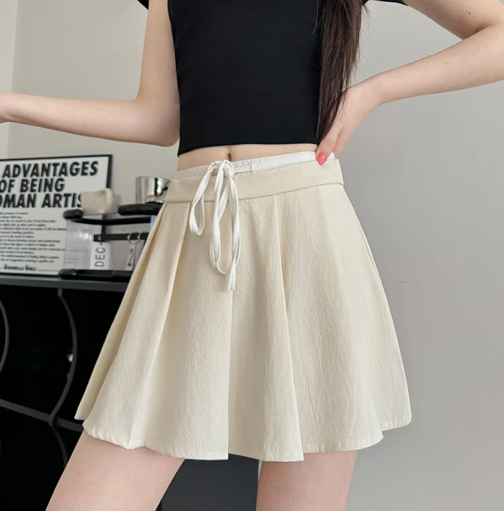 2026 drawstring fake two short skirts for women's summer new look slimming A-line pleated skirt solid color skirt