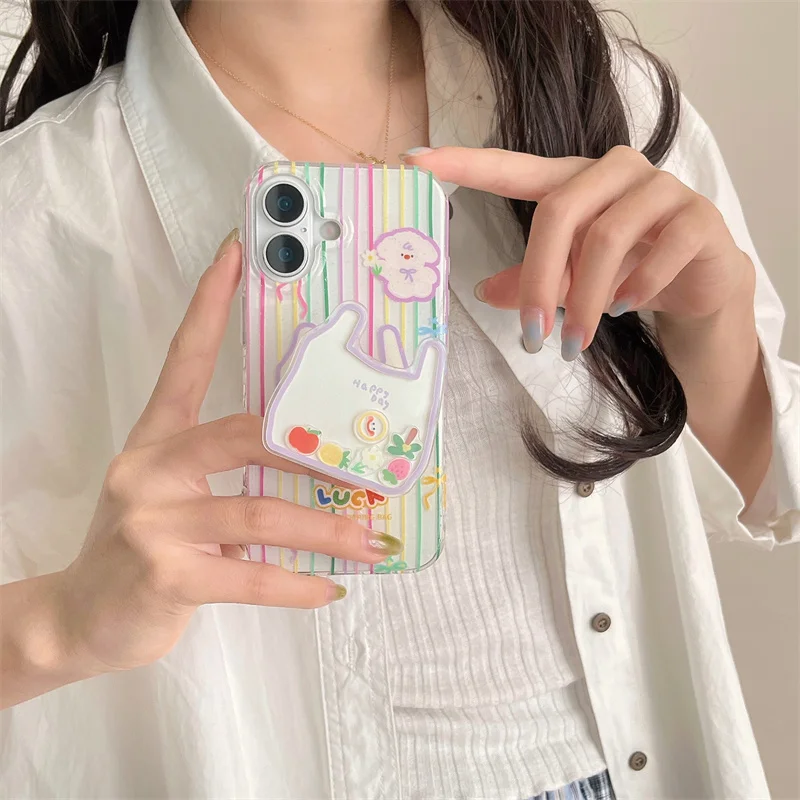 Luxury Cute Color Stripes Cartoon Bow Bear Phone Case For iPhone 13 14 15 16 Pro Max Funny Shopping Bag Shake Fruit Holder Cover