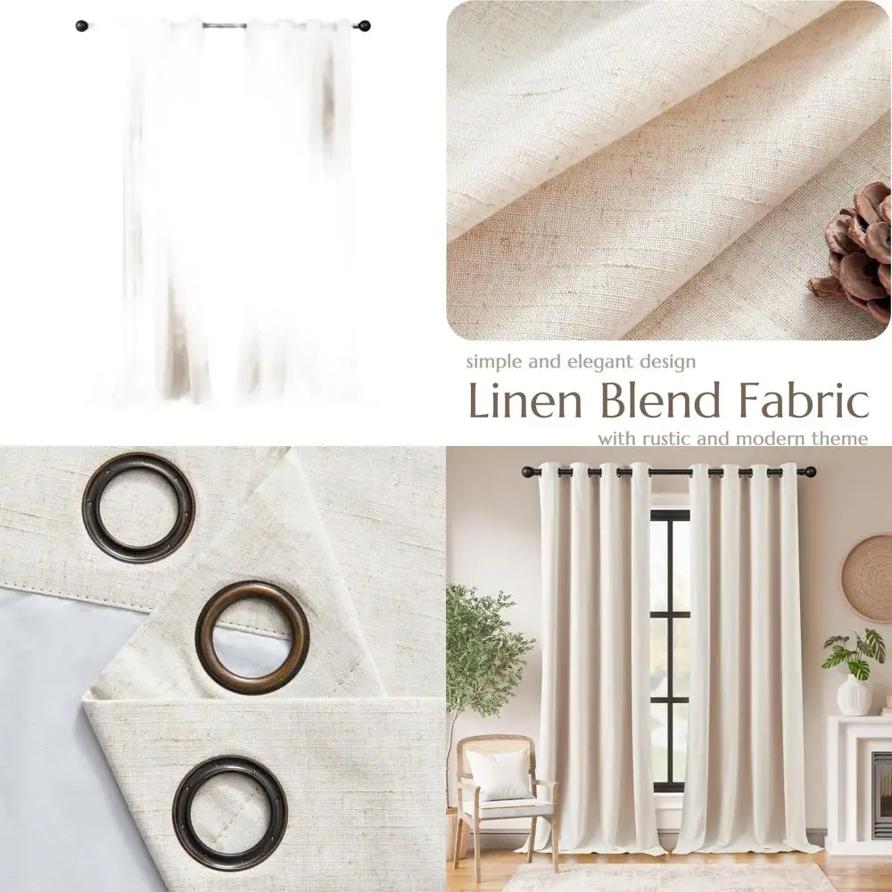 

Beige Linen Grommet Curtains 108 Full Light Block, Thermal Insulated, 2-Panel Set for Living Spaces & Offices