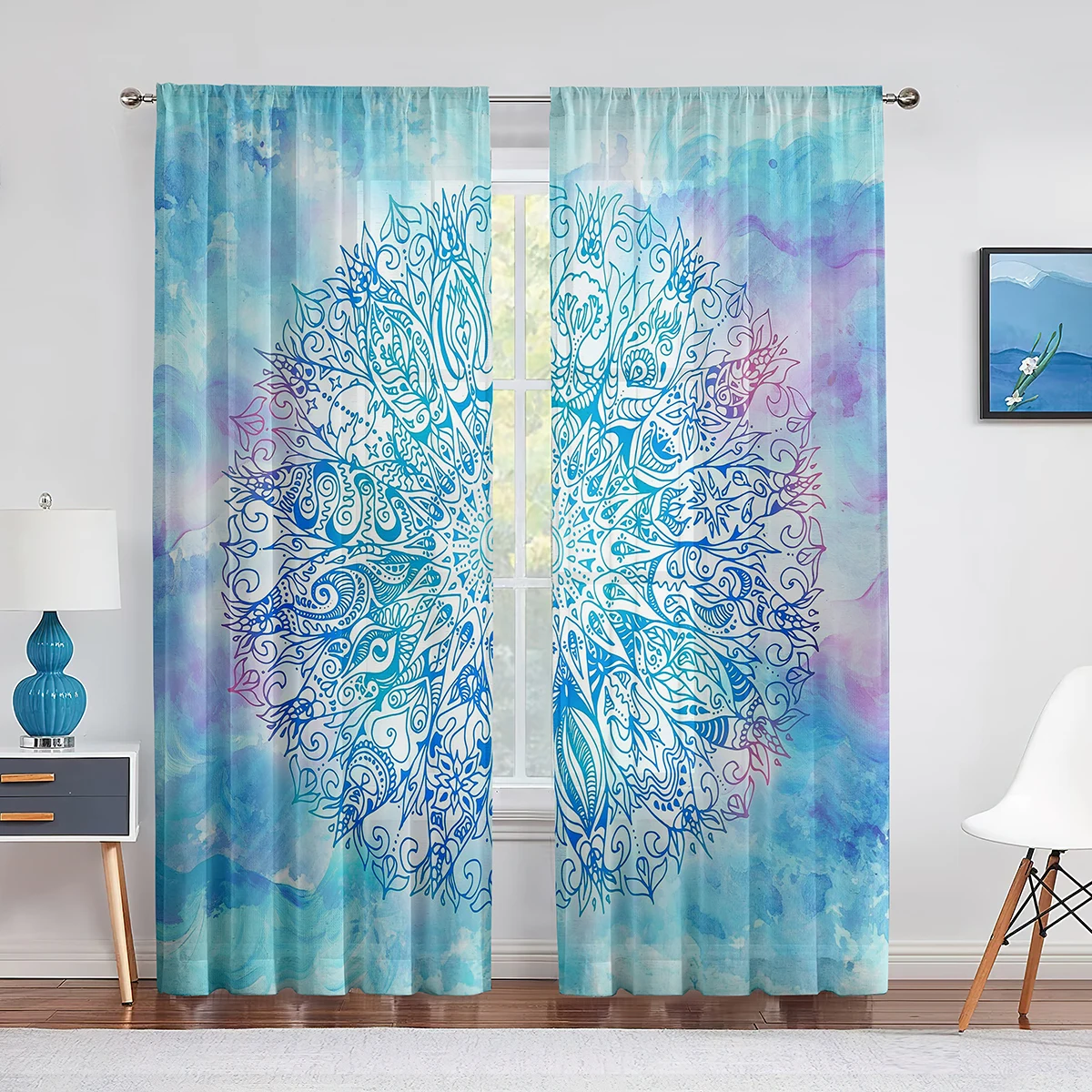 Mandala Colorful Floral Sheer Voile Curtain Flowers Bohemian Boho Window Tulle Curtains for Living Room Bedroom Kitchen Decor