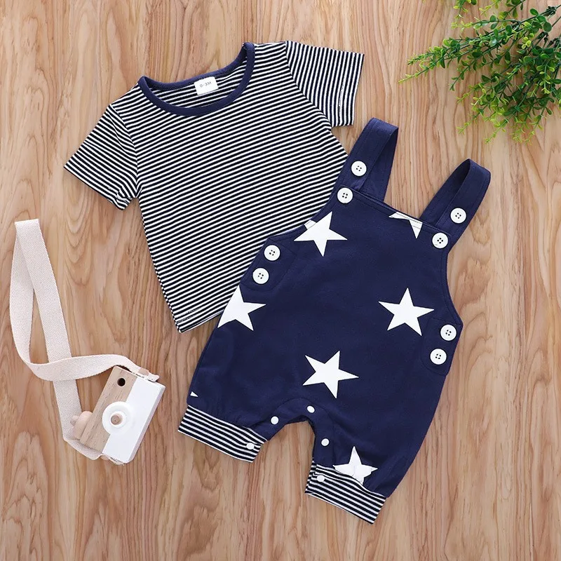 

2026 Summer New Slim Striped Round Neck Short Sleeved T-shirt and Suspender Star Pants Two-piece Set