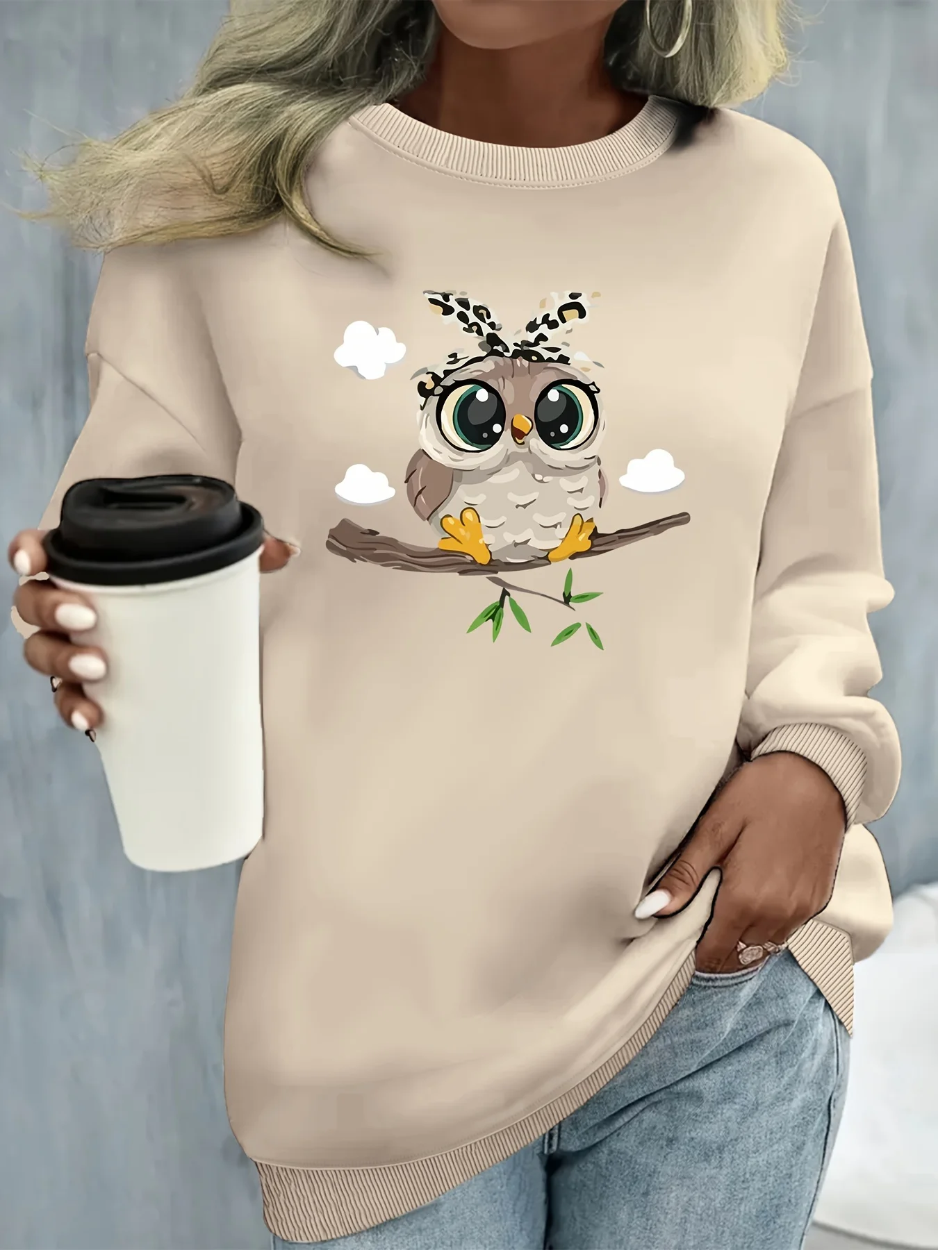 Jersey informal holgado y cómodo con estampado de gato para mujer, jersey de manga larga con cuello redondo, otoño e invierno