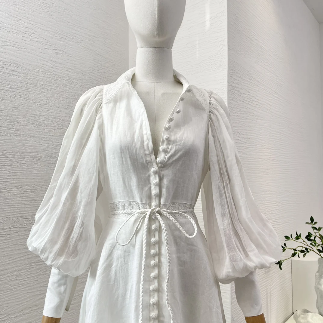 White Pure Cotton Top Quality Spring Summer Elegant Women Clothing 2024 Lantern Sleeve Lace-up Embroidery Maxi Dress