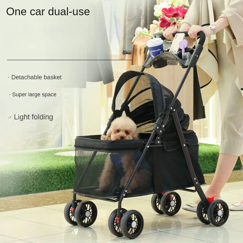 Small Animal Carrier, Outdoor Foldable Pet Trolley with 4 Wheels, Multifunctional Breathable Pet Stroller, Dog and Cat Cart