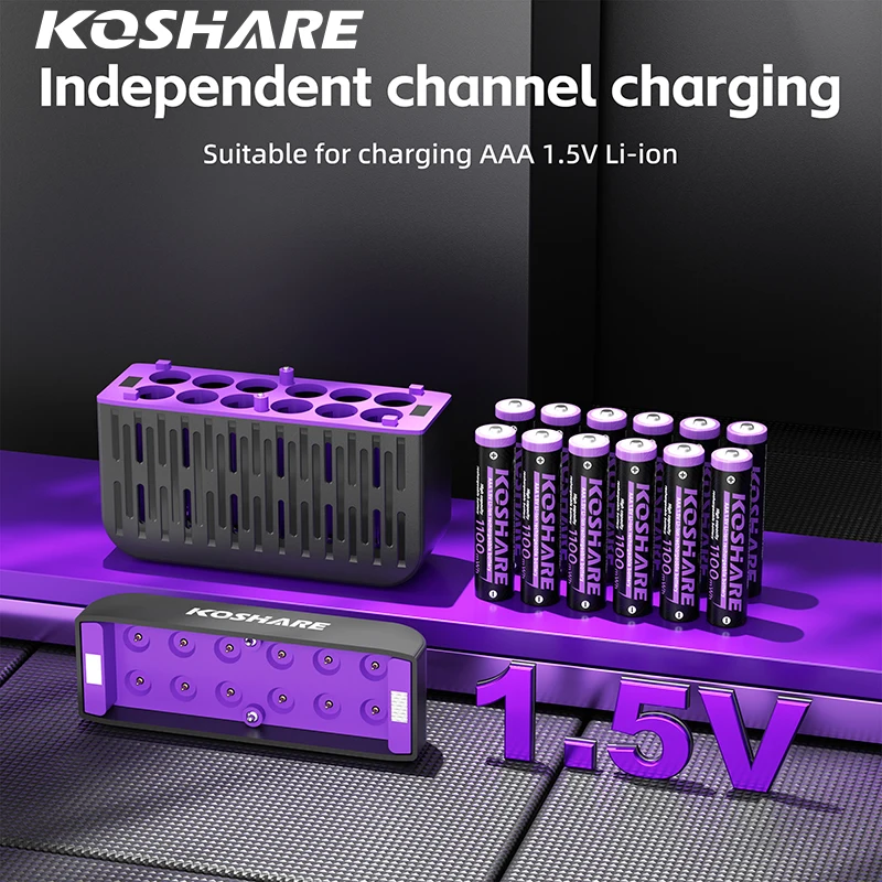 KOSHARE 12 Slot Li-ion Rechargeable Batteries AA AAA 4255mWh 1100mWh Lithium Battery Charging Set With LED Smart Battery Charger