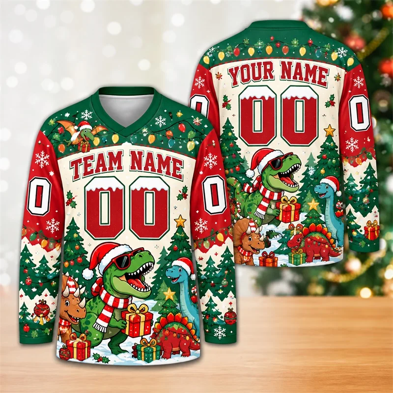 Personalized Dinosaur Christmas Hockey Jersey Custom Team Name Number Santa Dino Snowflake Pattern Long Sleeve Ice Hockey Top
