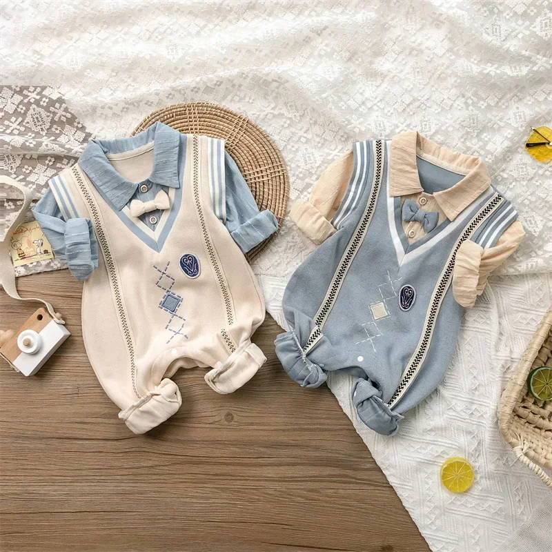 Baby Boy Romper Long Sleeves Blue Apricot Patchwork Bowtie Turn-down Collar Jumpsuit Infant Gentleman Clothes E2205