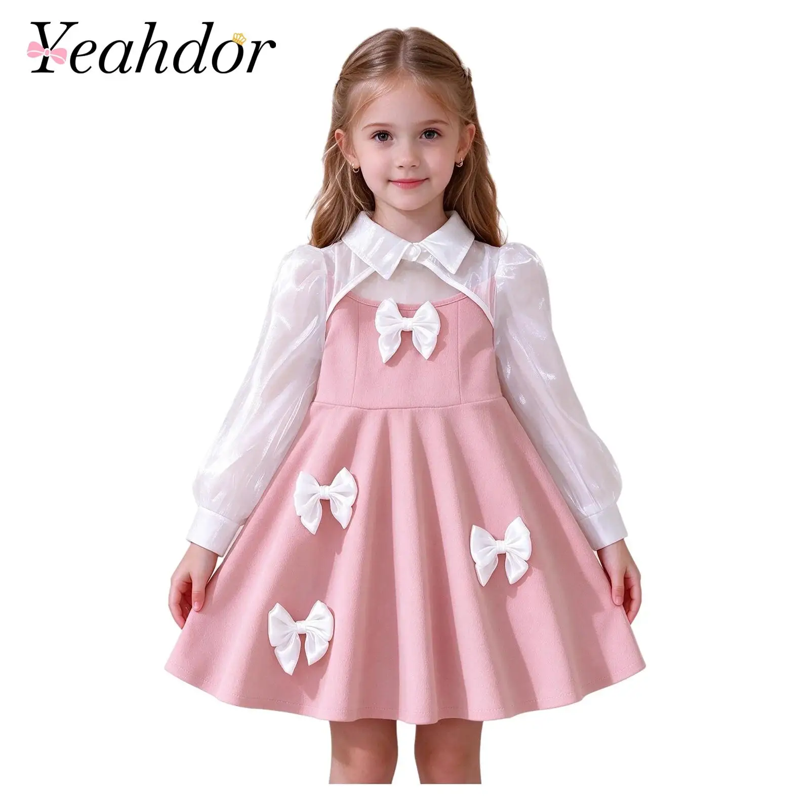 Kids Dress for Girls Cute Bow Tulle Long Puff Sleeves Princess Dress A-line Dress for Birthday Party Ceremony Formal Event