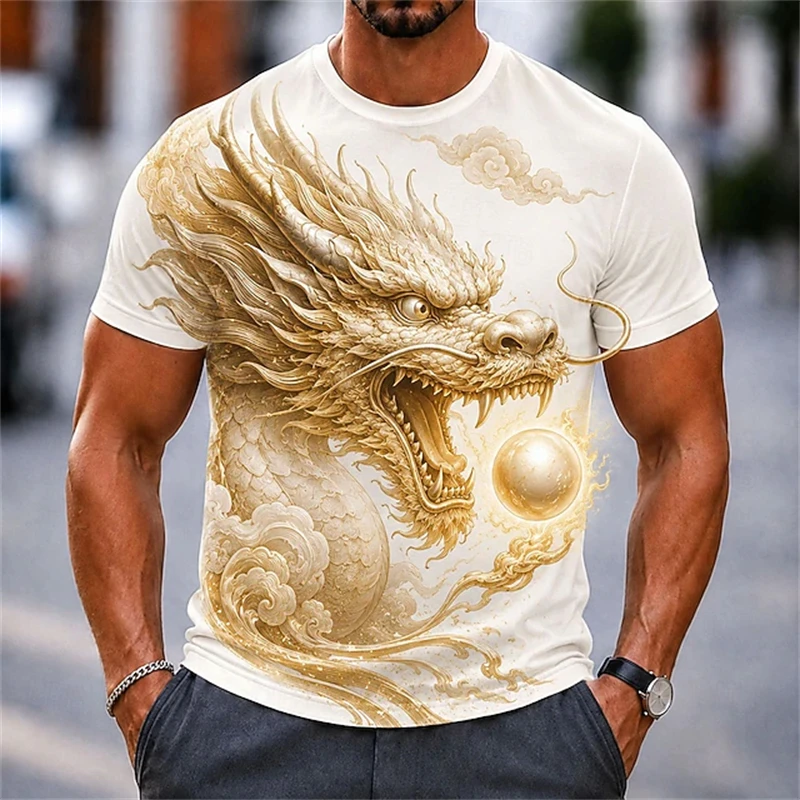 New Men's Gold Divine Dragon Print T-Shirt Creative Short-Sleeve T-Shirt Men's Outdoor Casual Crew-Neck Top Summer Clothing