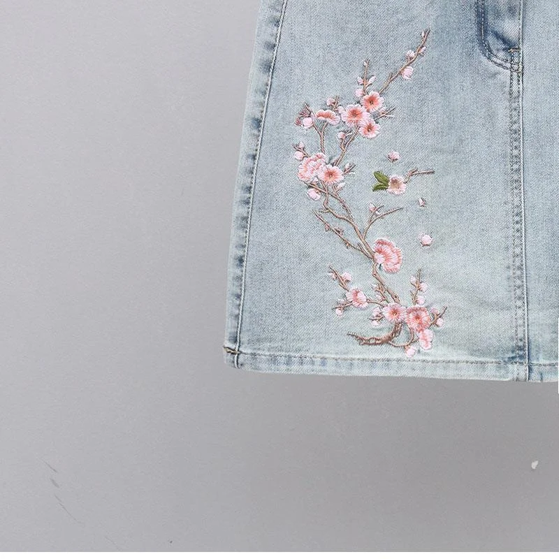 New Spring Summer Korean Fashion Retro Flower Embroidery Denim Skirt Female short  High Waist Slim A Word Hip Jeans Skirt Woman