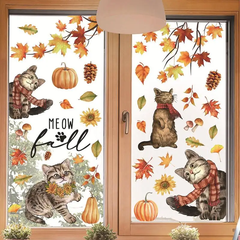 Autumn Window Stickers Pumpkin Cat Fall Clings Reusable Pumpkin Maple Leaves Sticker Decals For Shop Window Bedroom