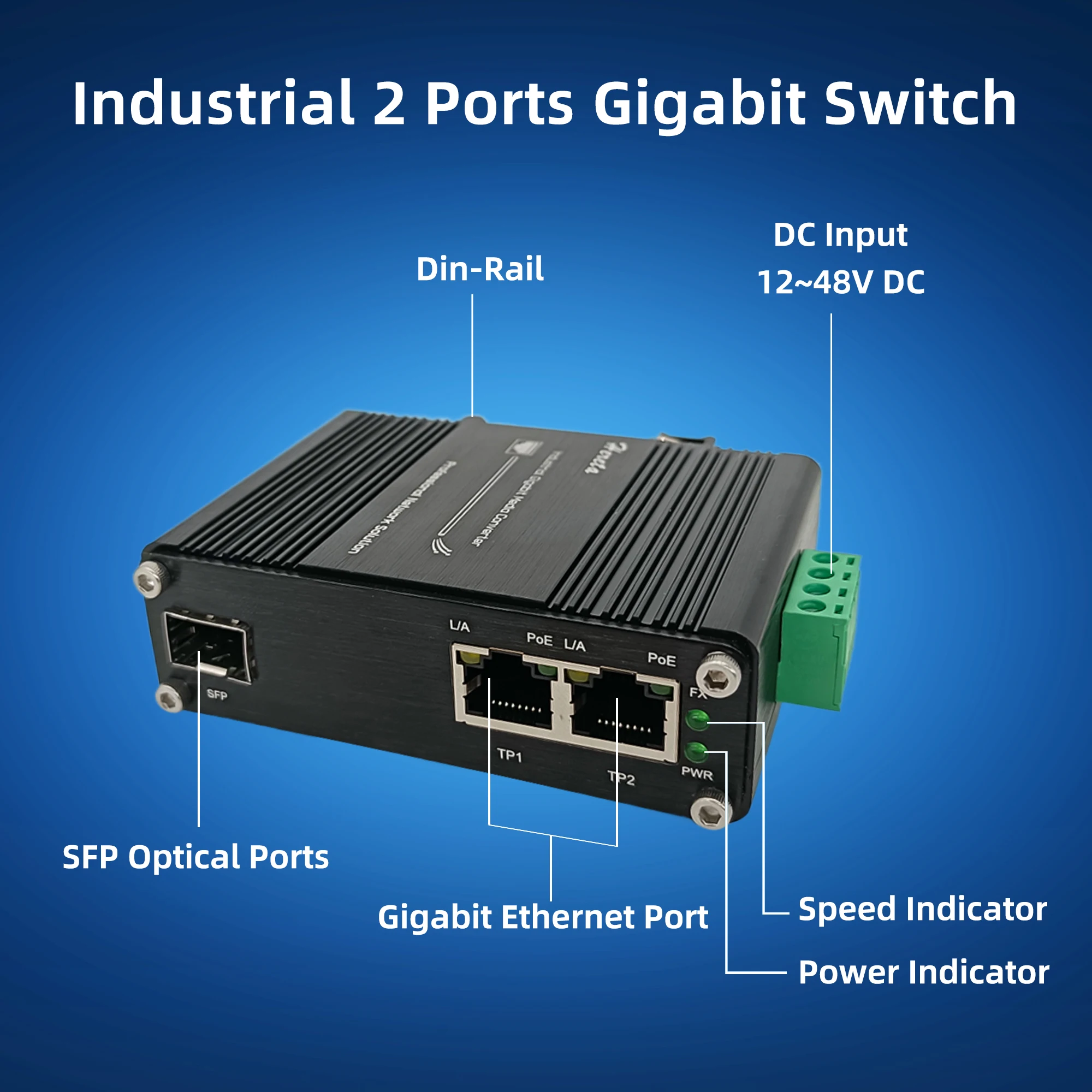 Mini Industrial 2 Ports PoE Gigabit Fiber Media Converter Support IEEE802.3af/at 30W with 2 RJ45 Port and 1 SFP Port 12~48V DC