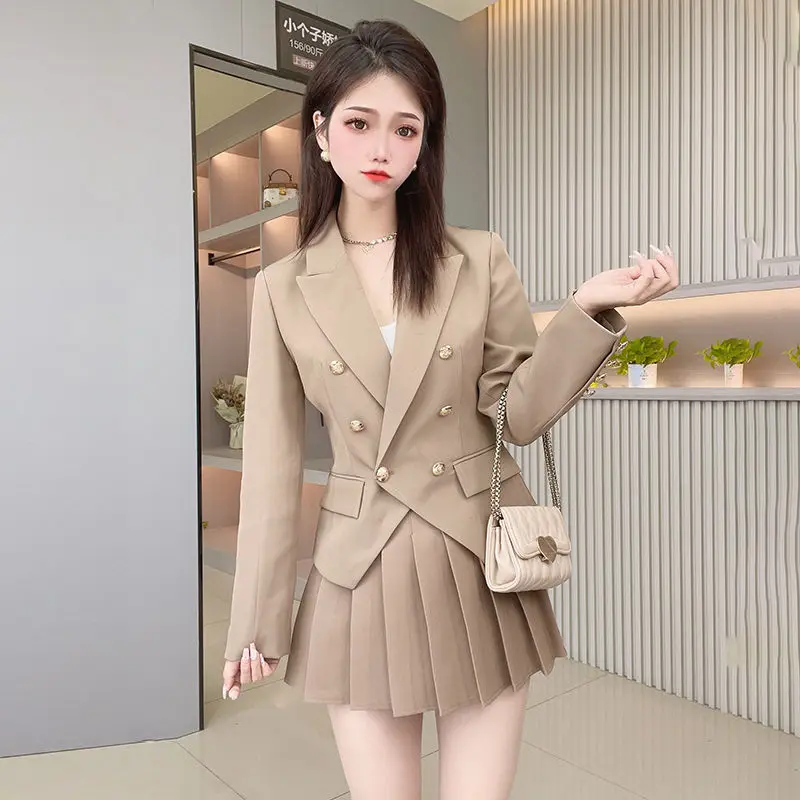 

2023 Spring and Autumn New French Elegant High-End Double-Breasted Blazer and High-Waisted Pleated Skirt Suit for Women Hot Sale