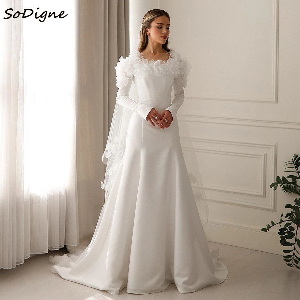 

SoDigne A-line Satin Wedding Dresses Square Collar Full Sleeves Bridal Dress Beach Wedding Gown Robe De Mairee ﻿Customized