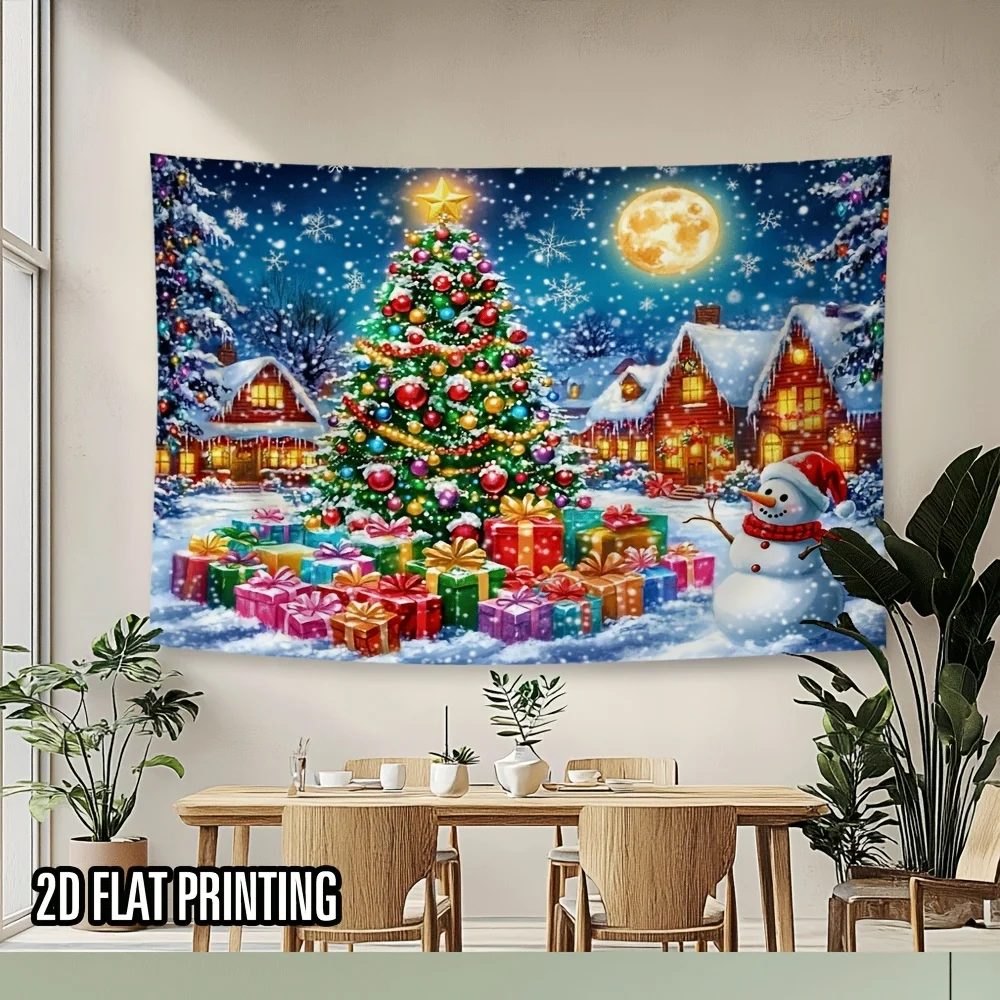 2D Flat Print 1pc Tapestry, Christmas Tree Snowman Village Wall Hanging, Christmas Tapestry, Bedroom Decor, Holiday Accent