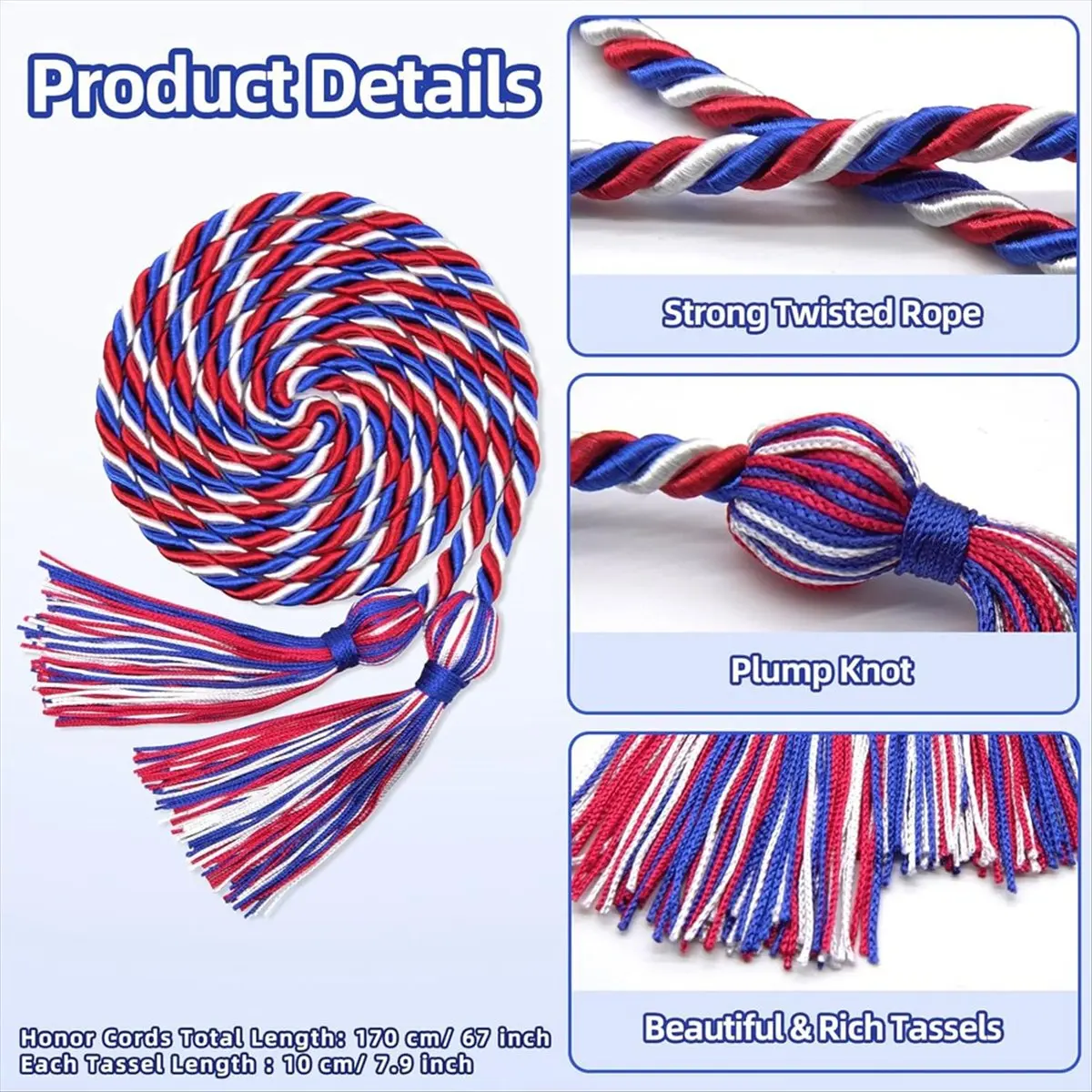 N14R Top 20 Pcs Graduation Cords, Cords with Tassel for Bachelor,Master, Doctor Graduation Ceremonies Red, Blue and White