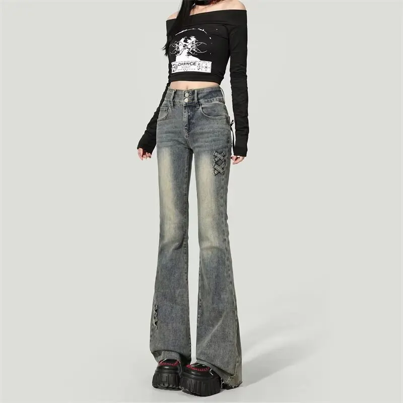 

Американские ретро-джинсы с высокой талией и микро-клешем для женщин, облегающие, модные, винтажные, универсальные, трендовые, 2026 года