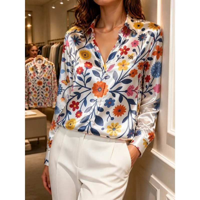 White Floral Bee Satin Blouse for Women Long Sleeve Button Down Shirt Boutique Cafe Vacation Elegant Silky Spring Top Style Look