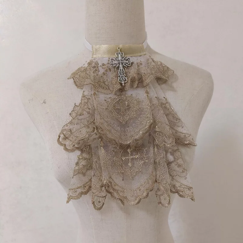 Ręcznie Robiony Elegancki Kołnierzyk Jabot z Koronkowym Krzyżem, Akcesoria Lolita, Gotycki Cosplay, Sztuczny Kołnierzyk, Warstwowy Kołnierzyk z Falbankami, Odpinany Kołnierzyk do Wiązania