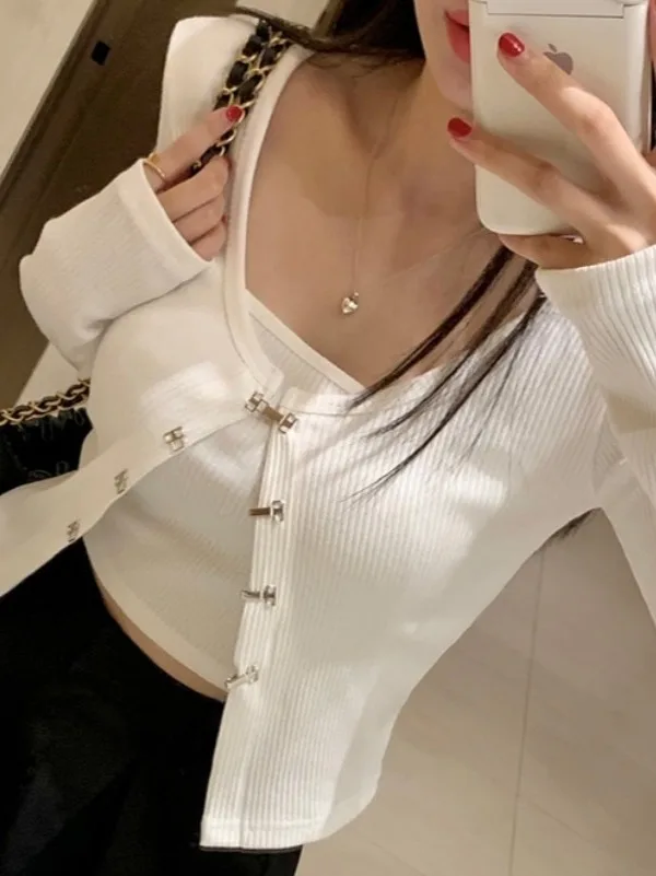 

Faionable Knitted Two-Piece Set Women's Inner Wear Strap Vest And Buttoned Long Sve Open Cardigan Ensemble V-ne 2024 S...