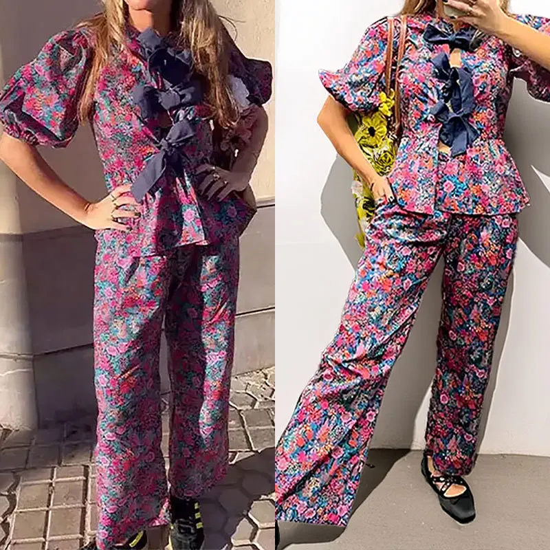 

Women Fashion Floral Print Pant Sets Bow Lace Up O Neck Shirts Top High Waist Trousers Suits Spring Female Bohemia Outfit