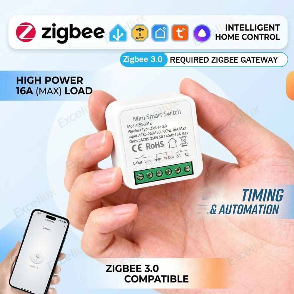 Module d'automatisation d'interrupteur intelligent ZigBee 3.0, mini-interrupteur DIY, relais 16A, commande à distance par application, compatible avec la passerelle Zigbee