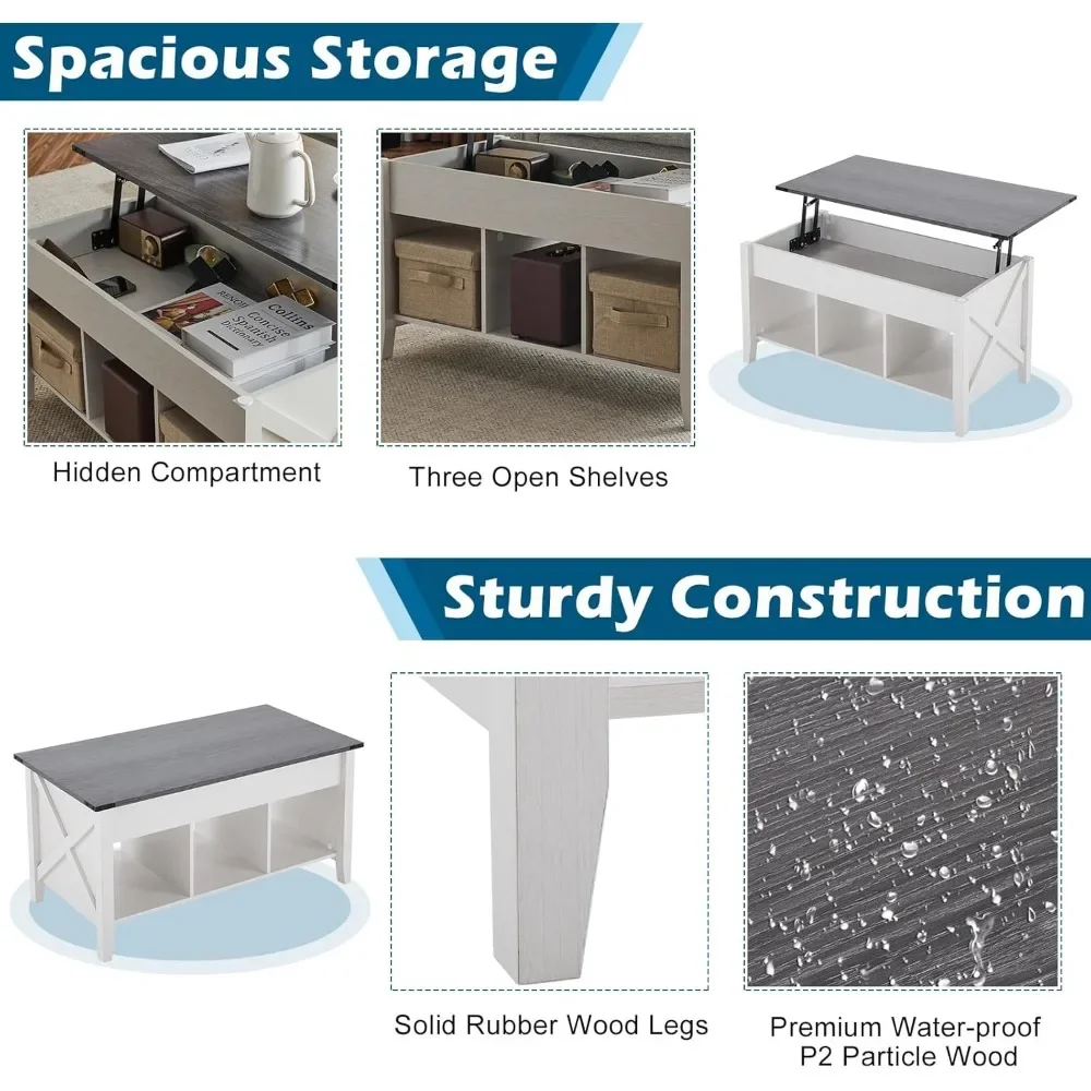 Meja kopi angkat, atas arang dengan bingkai putih, desain lintas sisi Farmhouse, dengan rak penyimpanan/kompartemen tersembunyi
