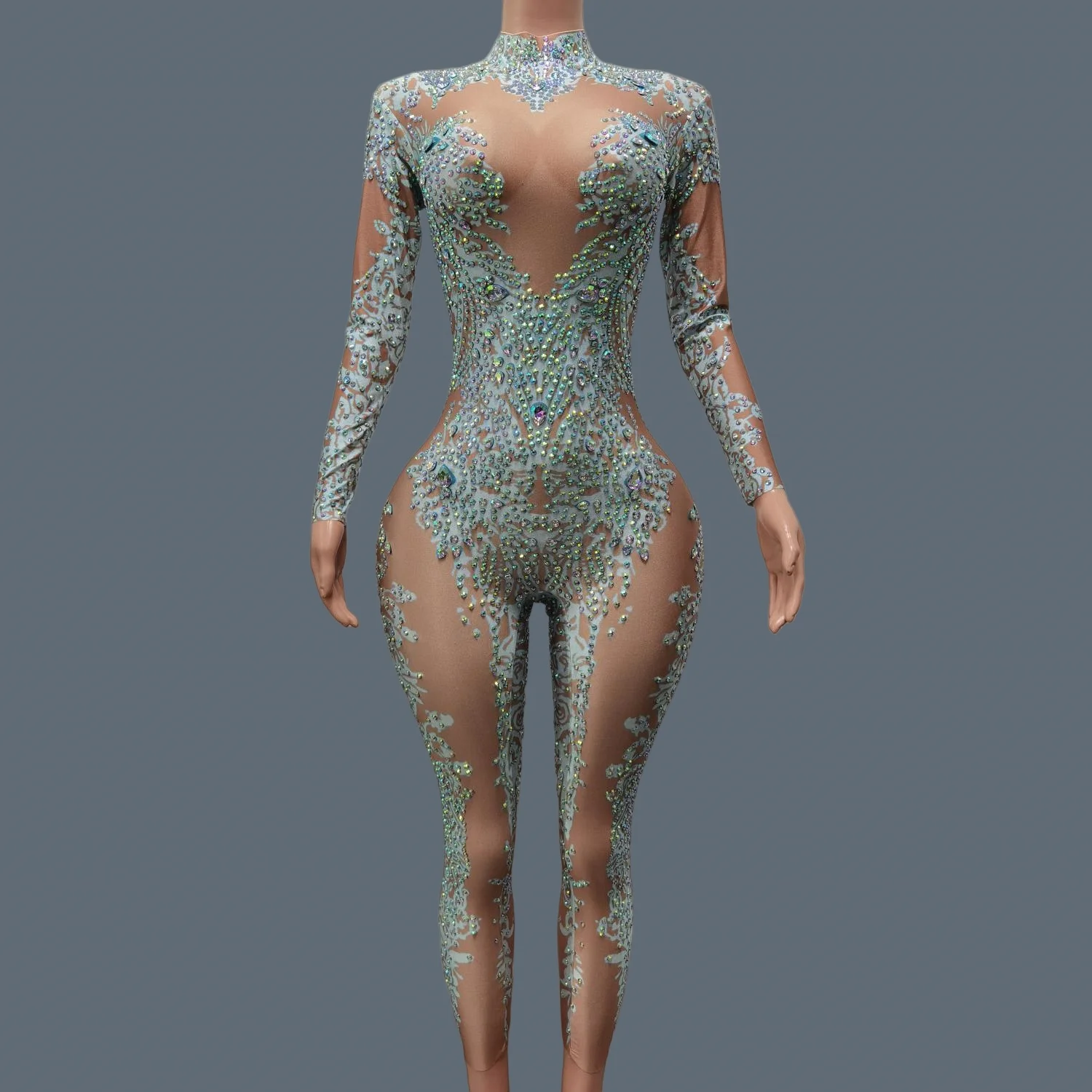 Spandex Elastic Sparkly Rhinestone Bodysuit Nightclub Party Drag Queen Performer Wear Festival Celebrate Dance Sexy Outfit Putao