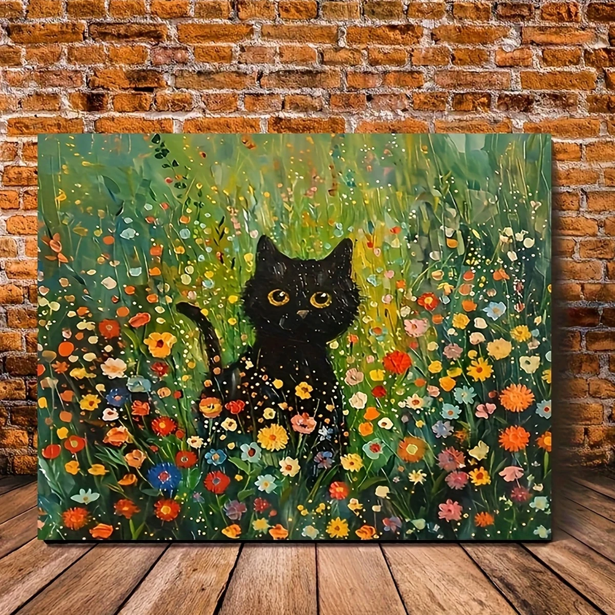 Modern Black Cat in Flower Field Canvas Print Unframed Wall Art 16x12inch Vibrant Floral Pet Lover Home Decor Living Room Bedroo