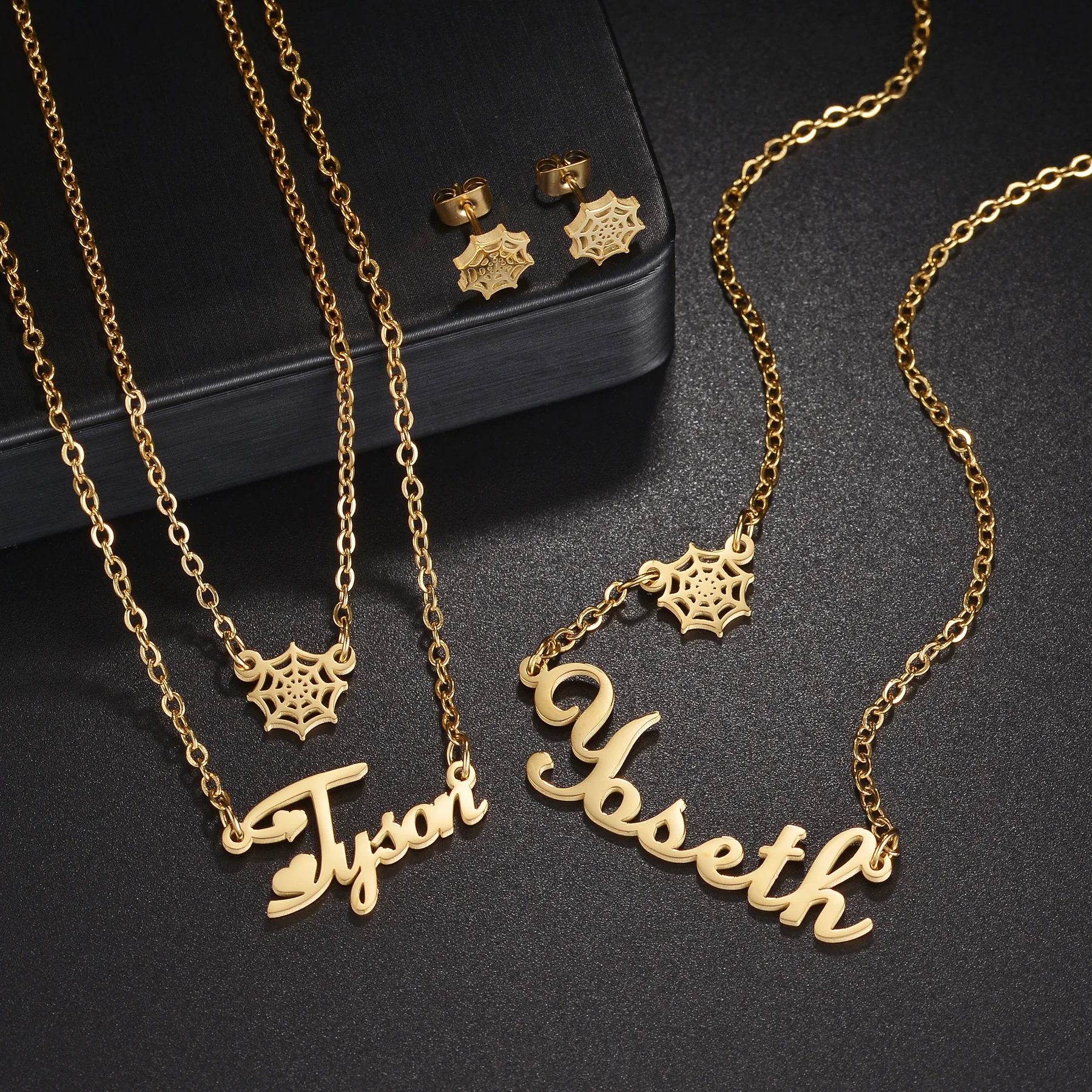 

Customized Name Spider Web Necklace Earring Jewelry Sets for Women Kids Couples Stainless Steel Personalized Net Christmas Gift
