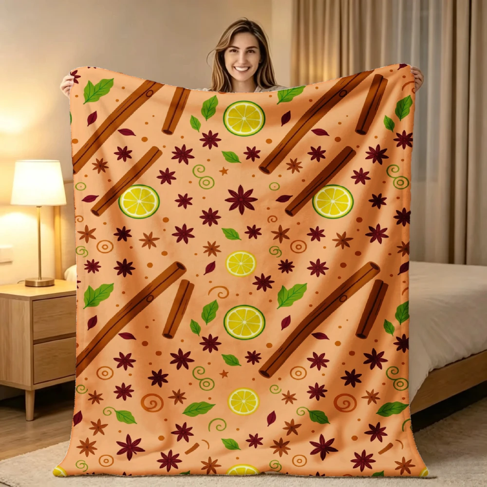 1pc Cinnamon Sticks And Lime Slices Anise Print Flannel Blanket Soft Comfortable Warm Bed Cover Autumn Winter Season Living Room Bedroom Sofa Halloween Thanksgiving Christmas Festival Gift