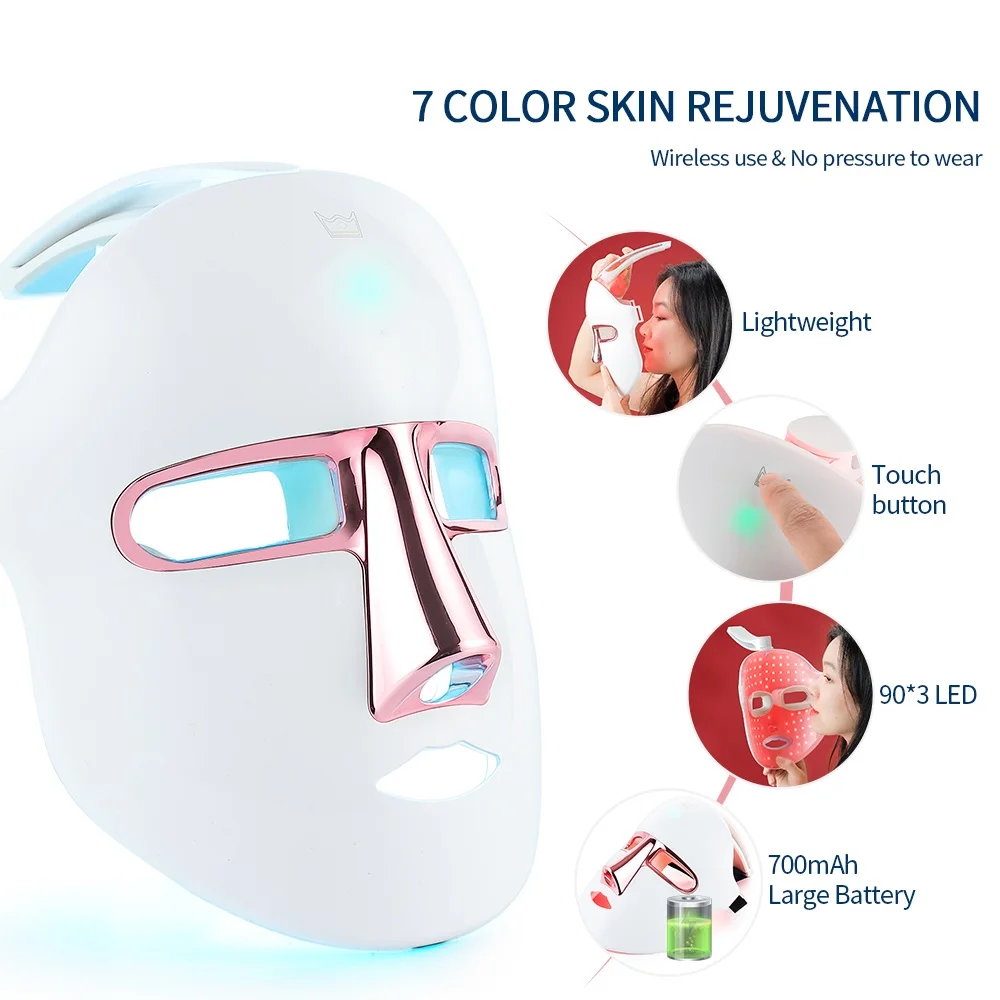 Mascarilla Facial LED de 7 colores, terapia de luz, mascarilla de belleza Facial inalámbrica recargable, herramienta de dispositivo de cuidado de la piel antiarrugas para estiramiento de la piel