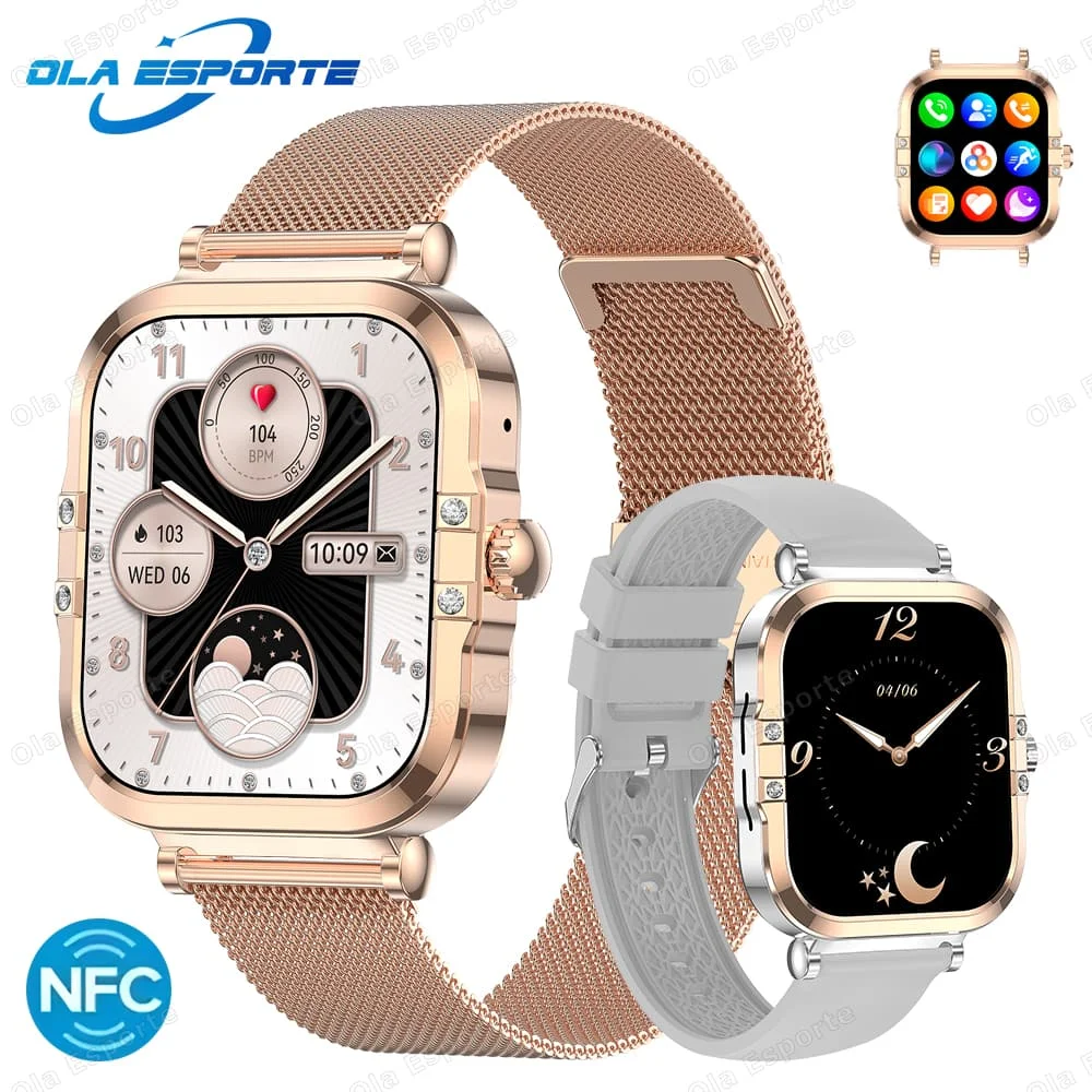 

NFC Women Smart Watch 390*450 AMOLED Screen Heart Rate Voice Bluetooth Call Health Monitor Smartwatch Lady gifts For Android IOS