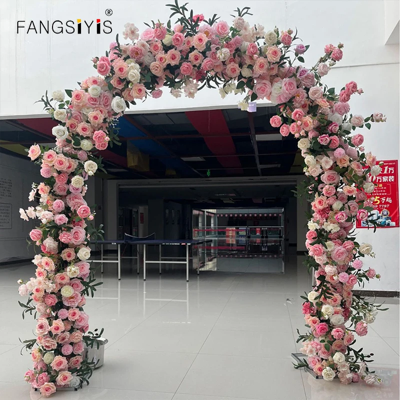 

Luxury Pink Rose Green Eucalyptus Leaf Flower Arrangement Outdoor Wedding Backdrop Arch Deco Floral Row Runner Event Party Prop