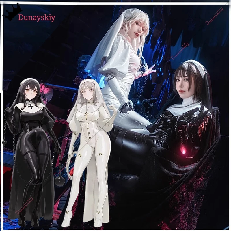 Аниме оригинальный дизайн Chowbie Nun косплей костюм белый черный комбинезон из искусственной кожи зентай женский костюм сексуальное боди для ролевых игр