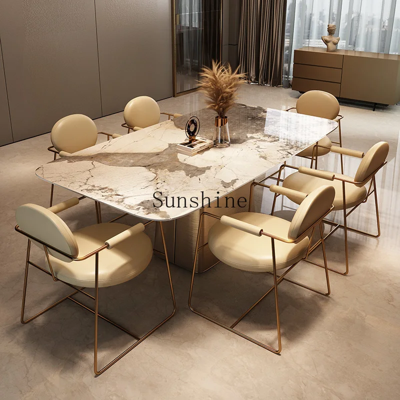 

Italian minimalist marble slate dining table and chair combination rectangular table