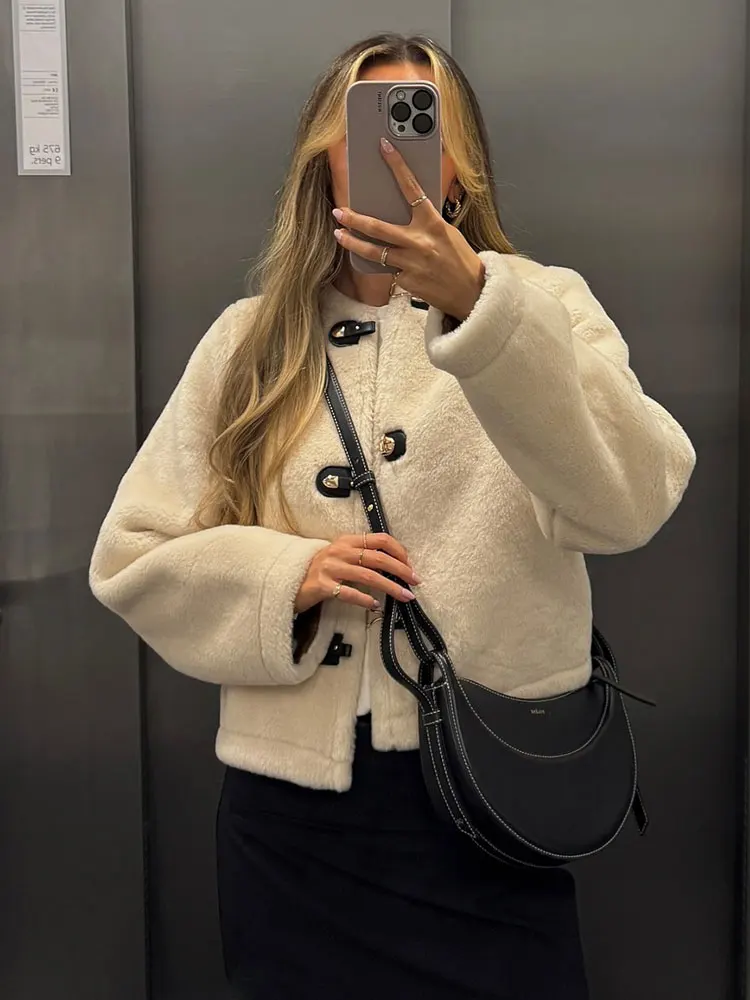 

HH Autumn Women Casual Solid O Neck Long Sleeve Jacket Vintage Faux Lamb Wool Short Coat Woman Winter Thick Warm Outerwear