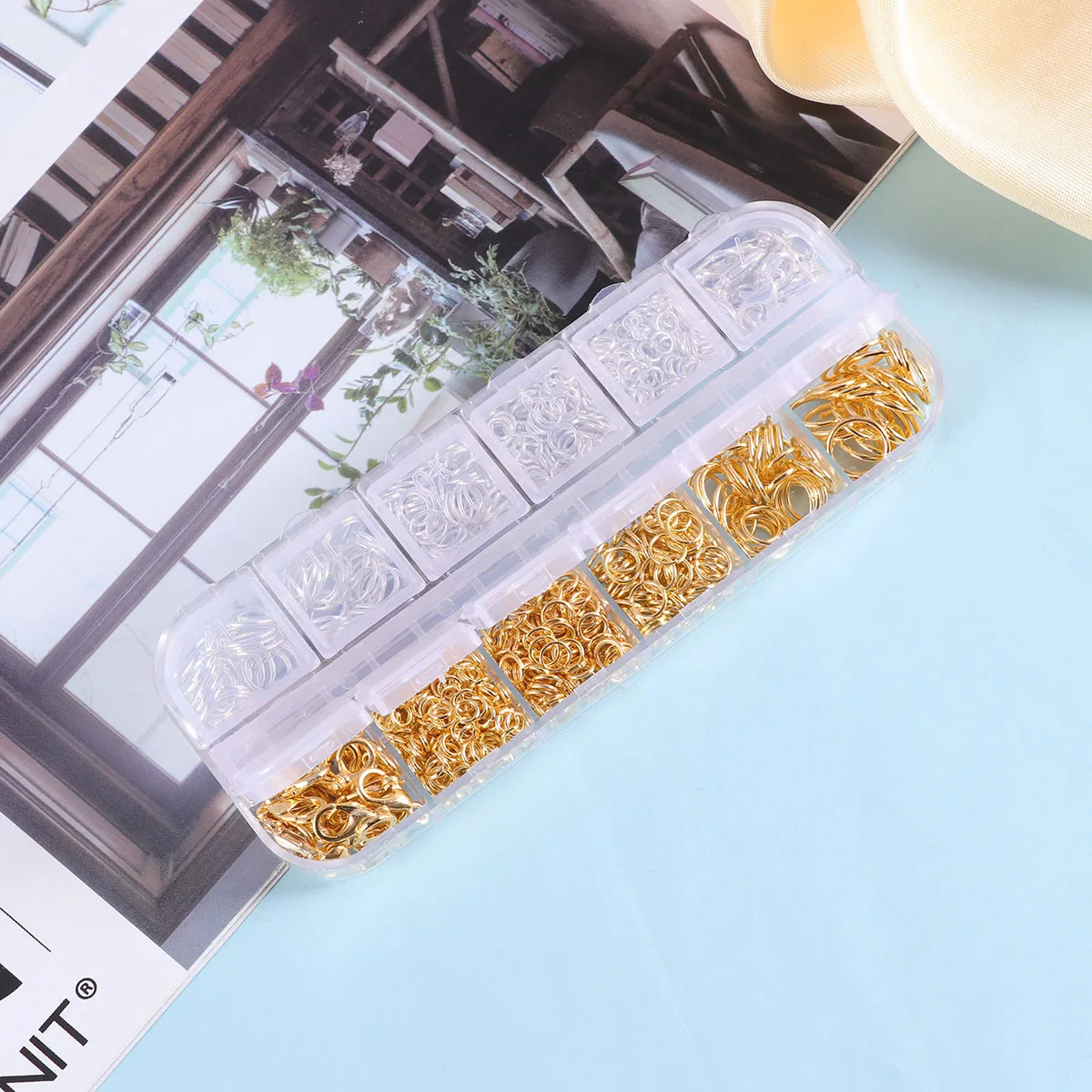 

1200pcs Jewelry Kits Gold Silver Findings 12 Grids DIY Lobster Clasps Jump Rings Eye Needles Various Sizes Plastic Boxes