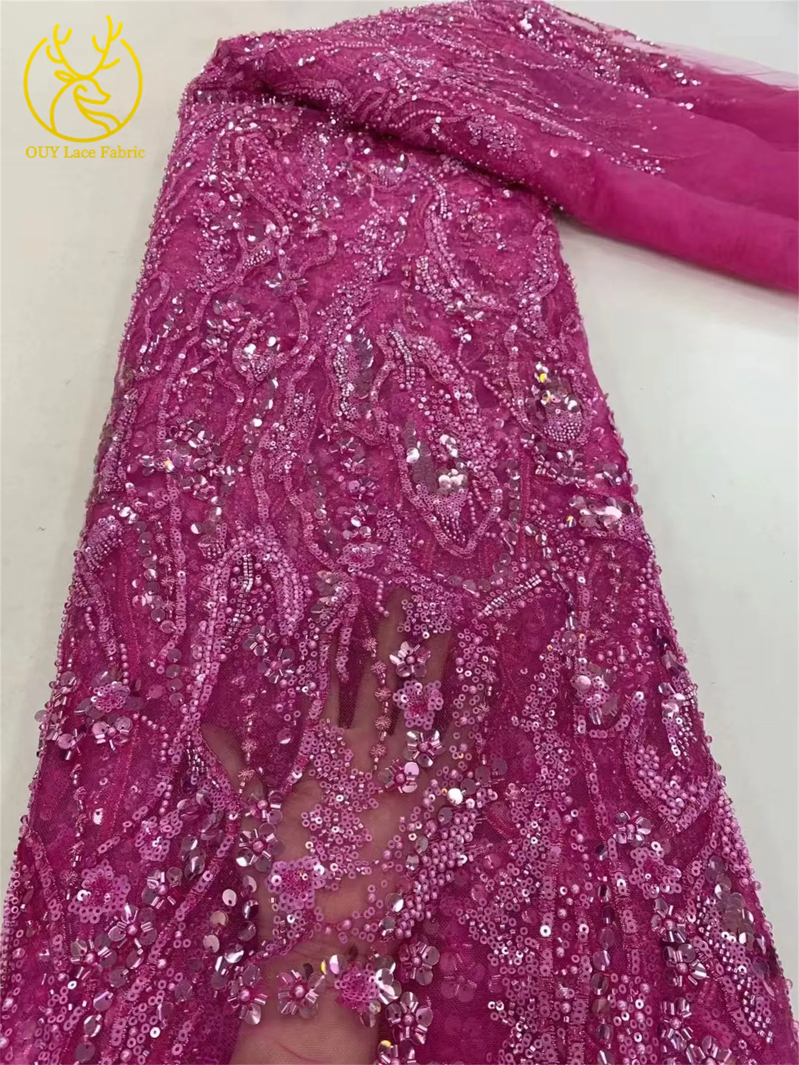 Luxury High-End Custom African Beaded Sequined Lace Fabric 2026 Premium Nigerian Green Lace Fabric for Women's Evening Gowns