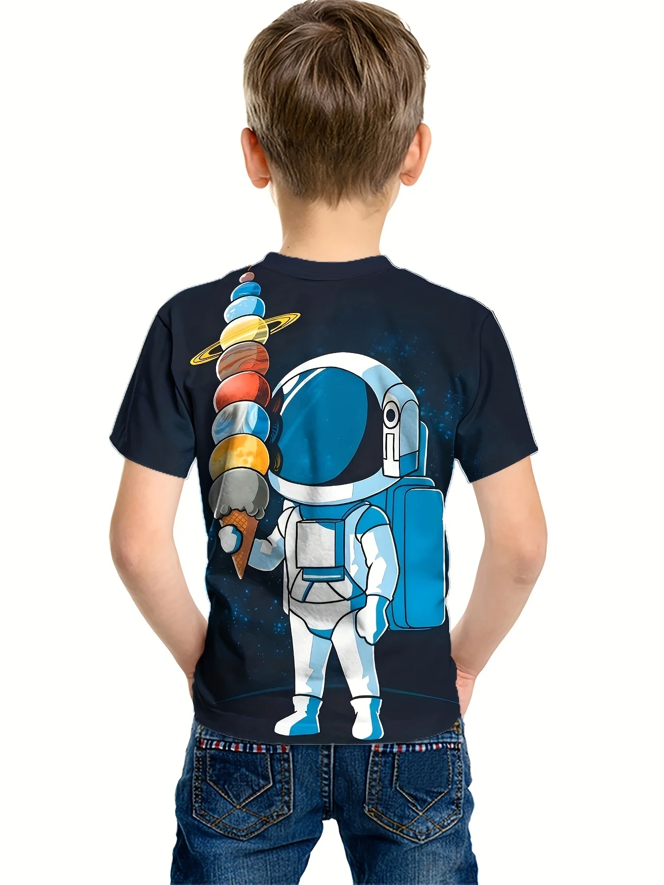 Children Clothing Korean Children\'s Clothes Astronauts Eating Planet Ice Cream 2024 Kids Spring Clothes Top Shirts Child T-shirt