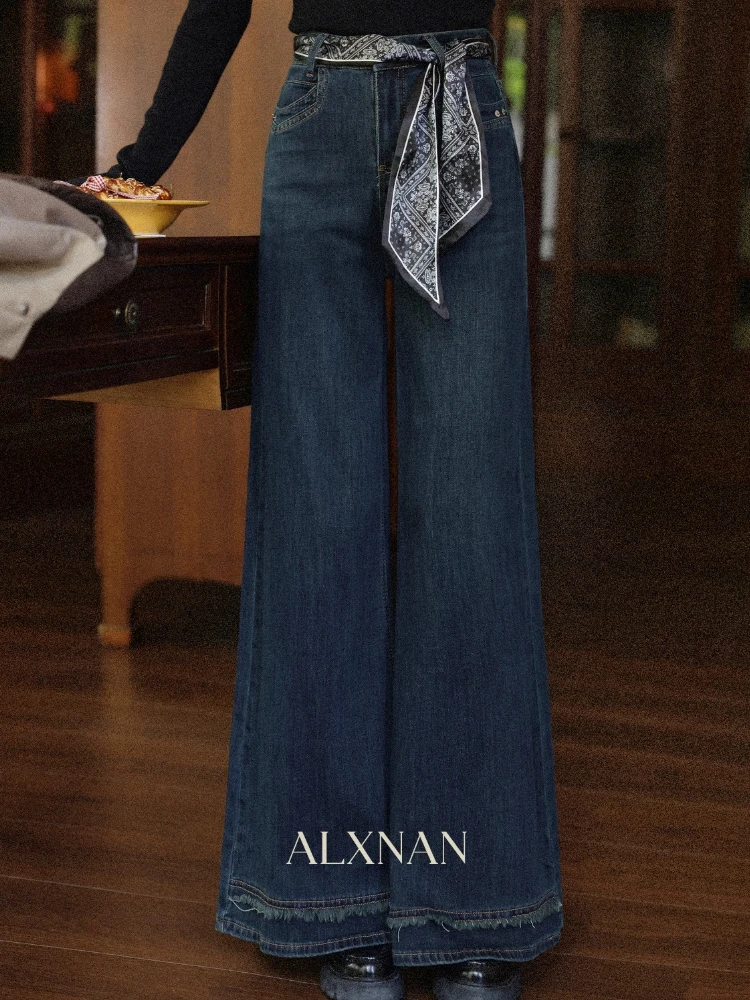 

ALXNAN Women's Jeans High-waisted Straight-leg 2025 Early Autumn Distressed Hem Detail Relaxed Fit Casual Versatile Pants L57281