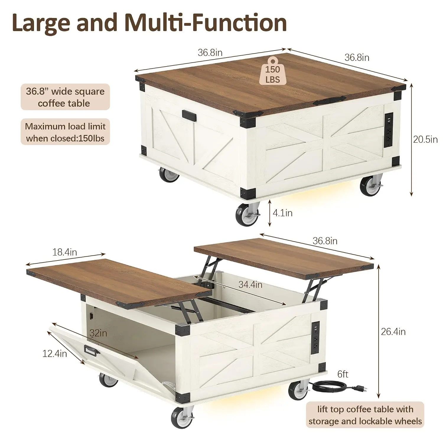 Farmhouse Lift Top Coffee Table with Wheels & LED Storage Charging Station for Living Room, White Wood Square, Customized
