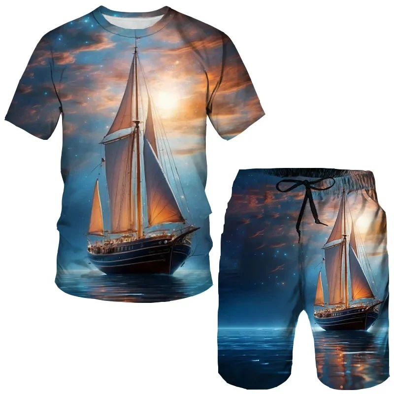 Summer Pirate ship 3D Printing T-Shirts Shorts Sets Men's Tracksuits Short Sleeve T-Shirt Pants Set Man Suits Clothing Oversized