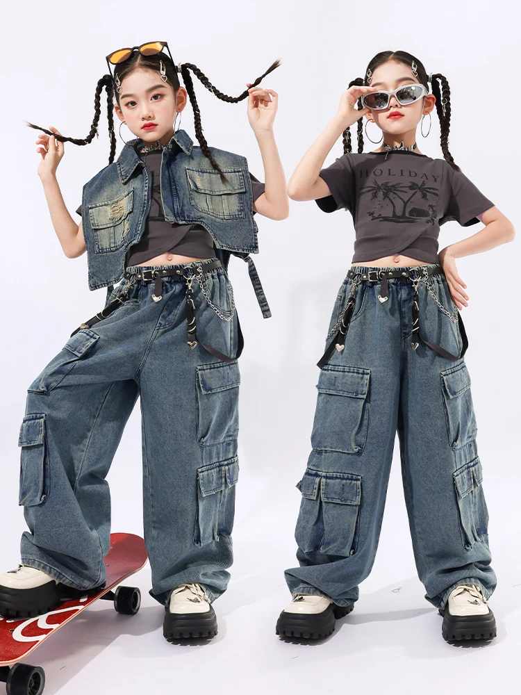Hip Hop Mädchen Retro T-shirt Denim Weste Jeans Cargo Hosen Kinder Street Dance Shorts Kleidung Set Kinder Streetwear K-pop Kostüme – Detail 7
