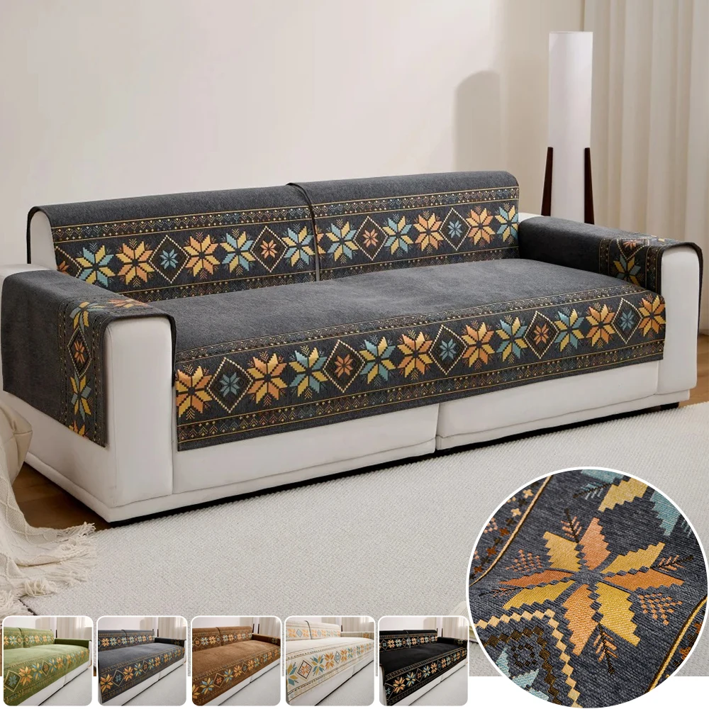 

All-Season Chenille Sofa Towel Non-Slip Couch Pad for 1/2/3/4 Seater Boho Style Sofa Cover for Living Room Couch Protector Decor