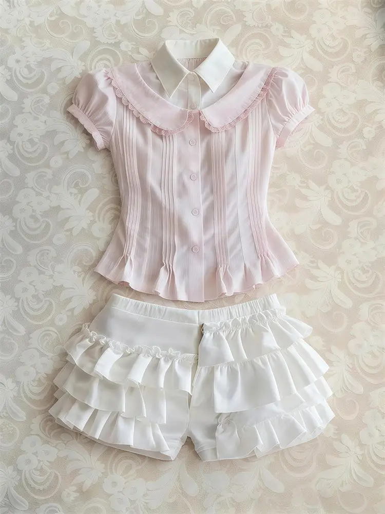 Sweet 2-Piece Set Woman Clothes Polo Top+Shorts Harajuku Korea Kawaii Vintage Punk Goth Crop Top Preppy Summer Suit Fashion Tees