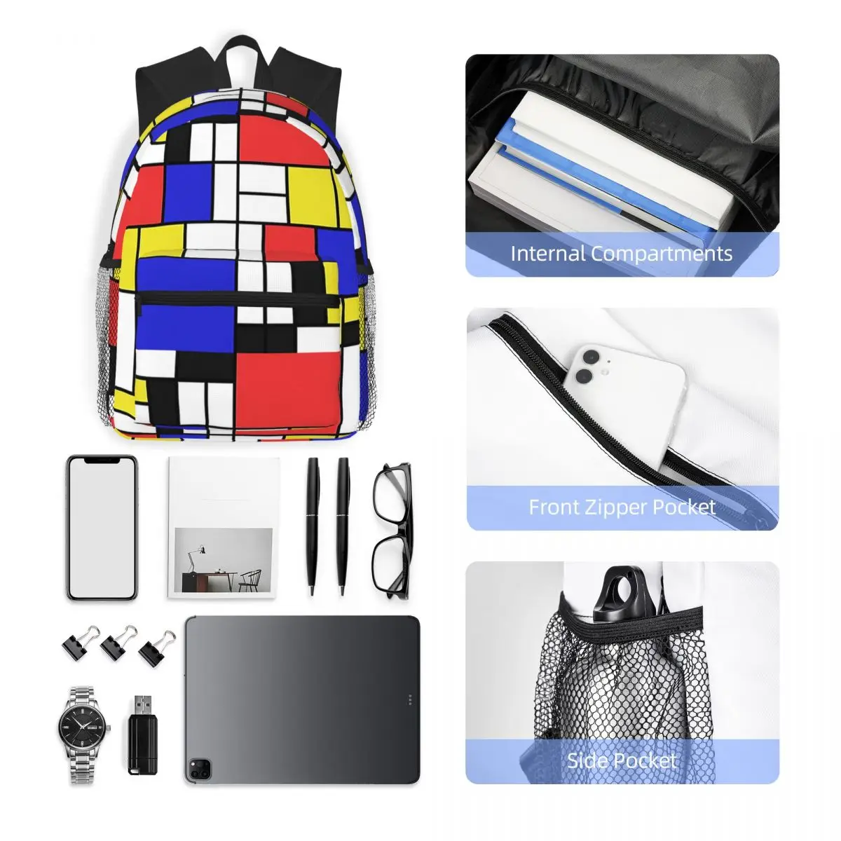 حقيبة ظهر مدرسية للطلاب من Piet Mondrian De Stijl، حقيبة ظهر للمشي لمسافات طويلة والسفر للأولاد والبنات، حقائب كتف #4